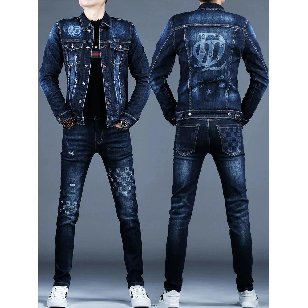 2025秋冬2025新款烫钻牛仔套装男士裤子流小脚修男士夹克外套