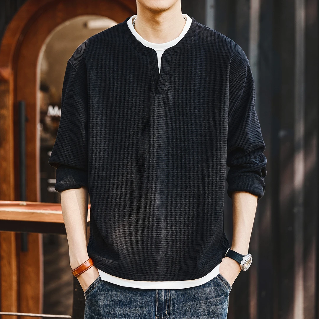 范希巴迪美式重磅肌理华夫格假两件V领男士T恤春秋新款宽松上衣潮