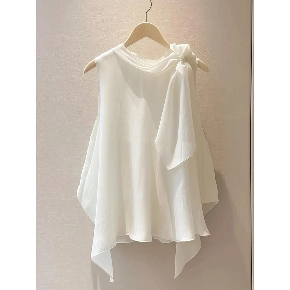 白色蝴蝶结无袖衬衫女夏季设计感小众独特别致上衣