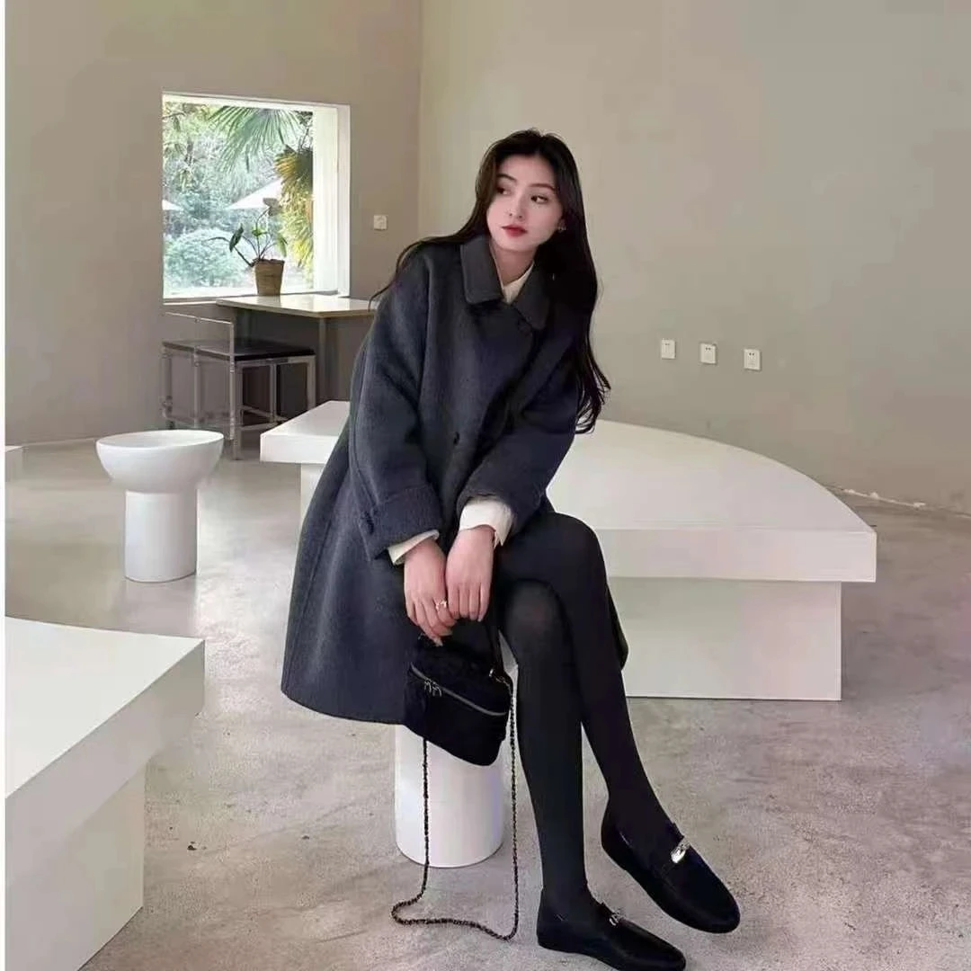 韩系风格娃娃领双面中长款羊毛秋冬外套