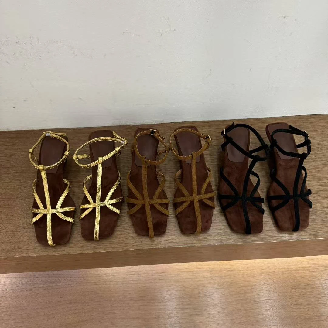 女坡跟方头罗马鞋编织一字带凉鞋高跟鞋简约blokette