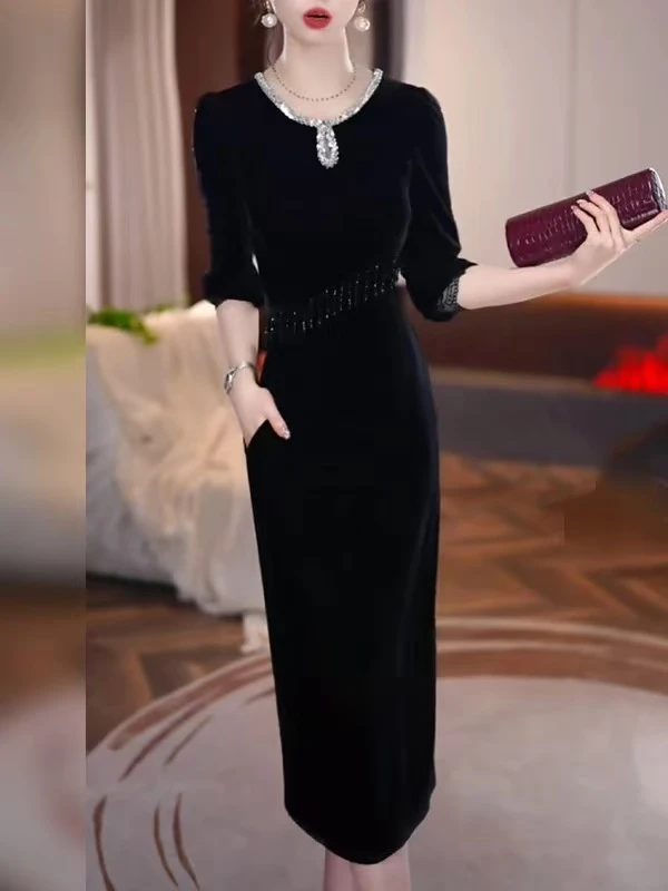 652 轻奢优雅女人味黑丝连衣裙时尚收腰显瘦洋气秋季新款 七分袖