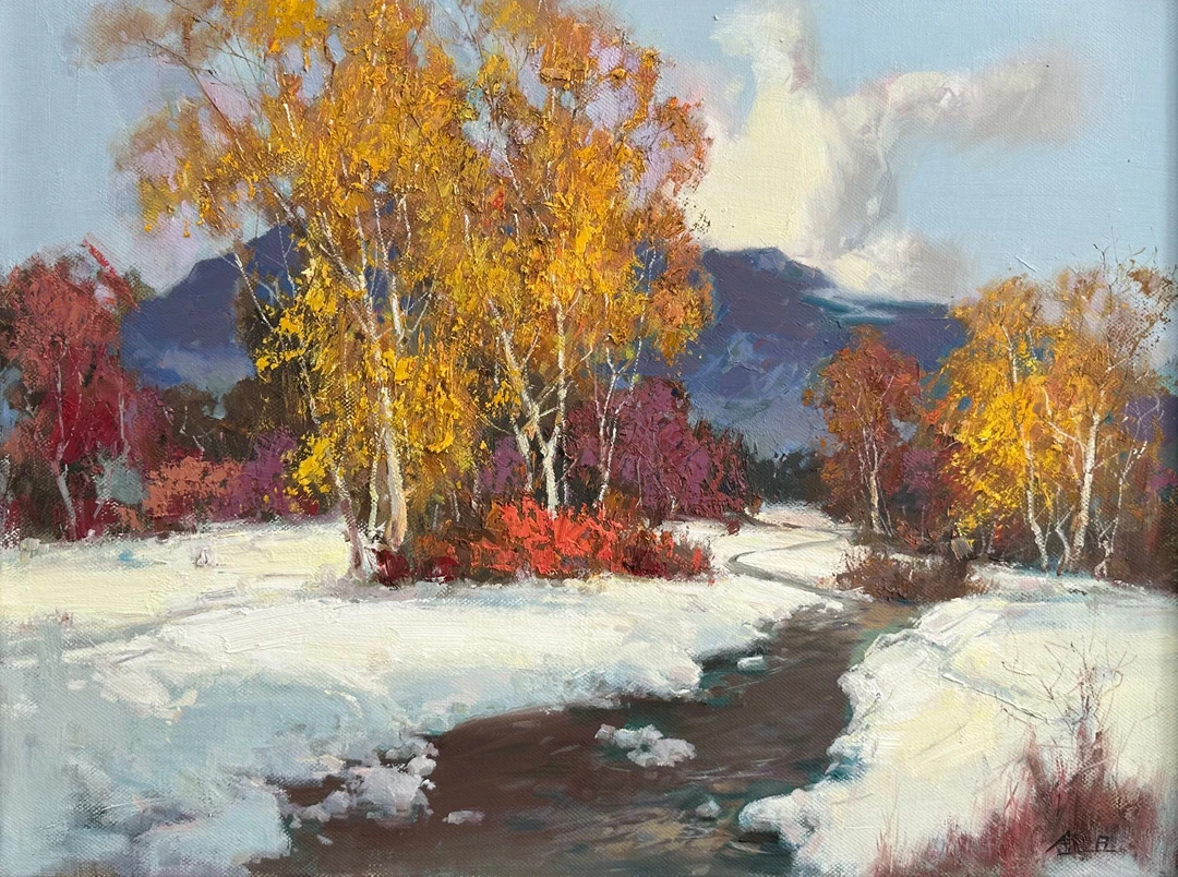 金日油画 原创风景油画收藏《雪野彩林》画布纯手绘油画 80-60cm