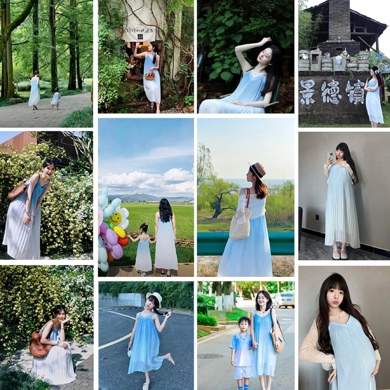 2025新款夏季海边风三亚旅游度假男女童吊带连衣裙亲子装一家三口