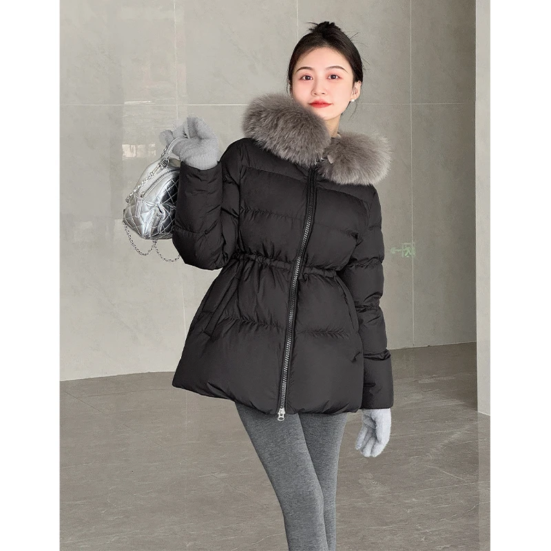 【暮光之境】小个子定制冬季新款大狐狸毛领收腰显瘦连帽羽绒服女