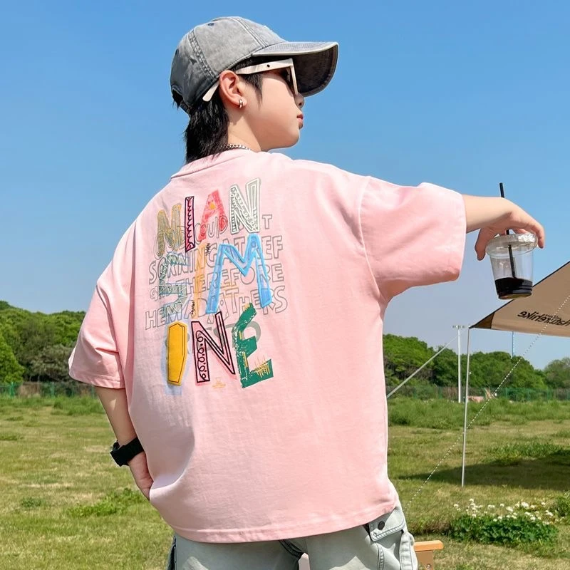 潮流男童纯棉短袖T恤字母印花设计抗菌超柔软帅气韩版宽松百搭洋T