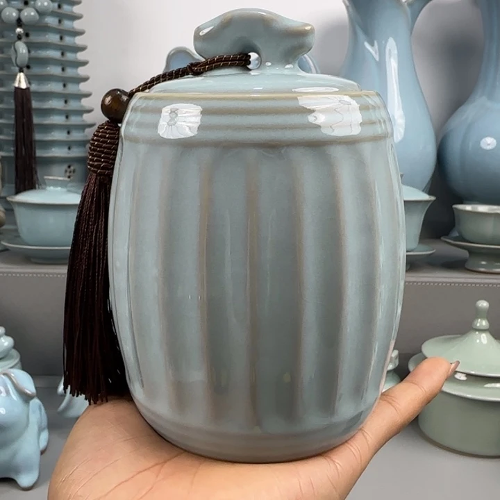 瓷片汝瓷茶叶罐天青釉圈足烧