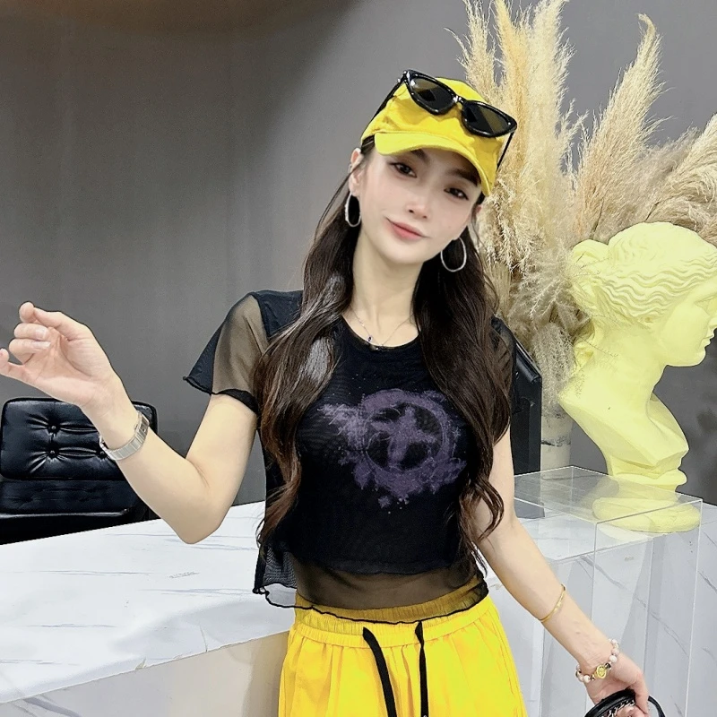 新款双层网纱显瘦辣妹短款百搭夏季印花修身女上衣032