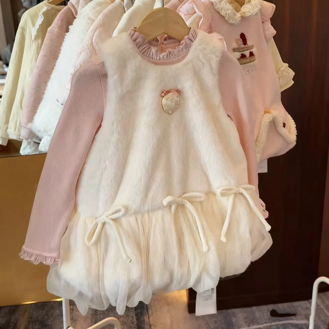 女童连衣裙秋冬宝宝周岁裙子公主裙女孩洋气蝴蝶结毛绒背心裙套装