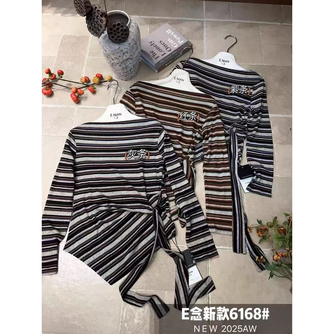 E念6168秋季温柔风系带一字肩条纹T恤衫不规则法式长袖上衣女