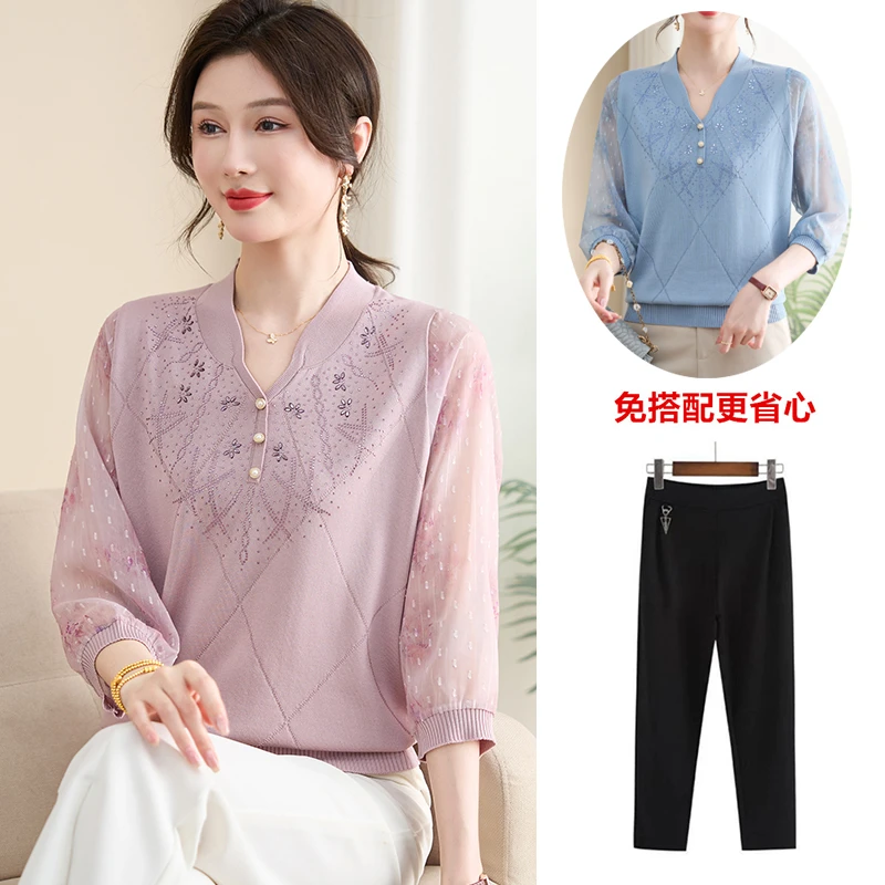 妈妈夏装七分袖洋气上衣中式国风中老年女装夏季T恤小衫两件套装