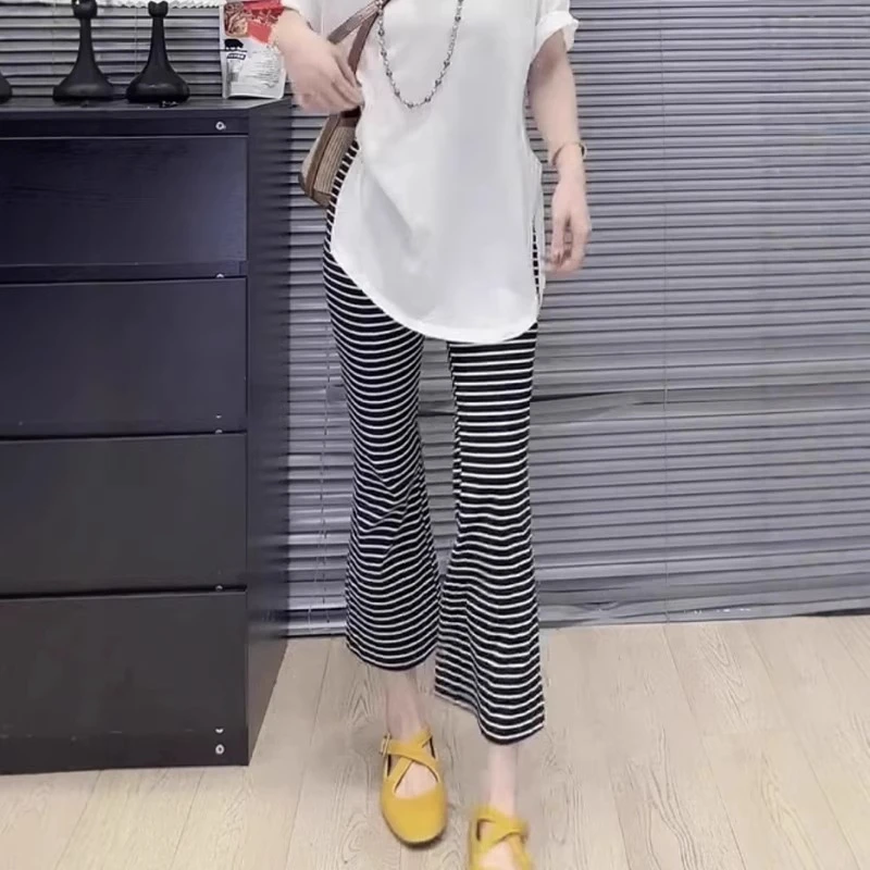 夏季薄款高腰弹力条纹休闲九分裤女胖MM显瘦小个子垂感窄版微喇裤