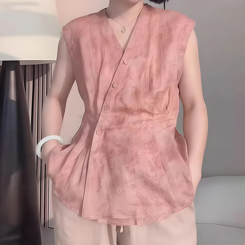 粉色印花V领无袖衬衫女夏季2025新款设计感独特别致小衫气质上衣
