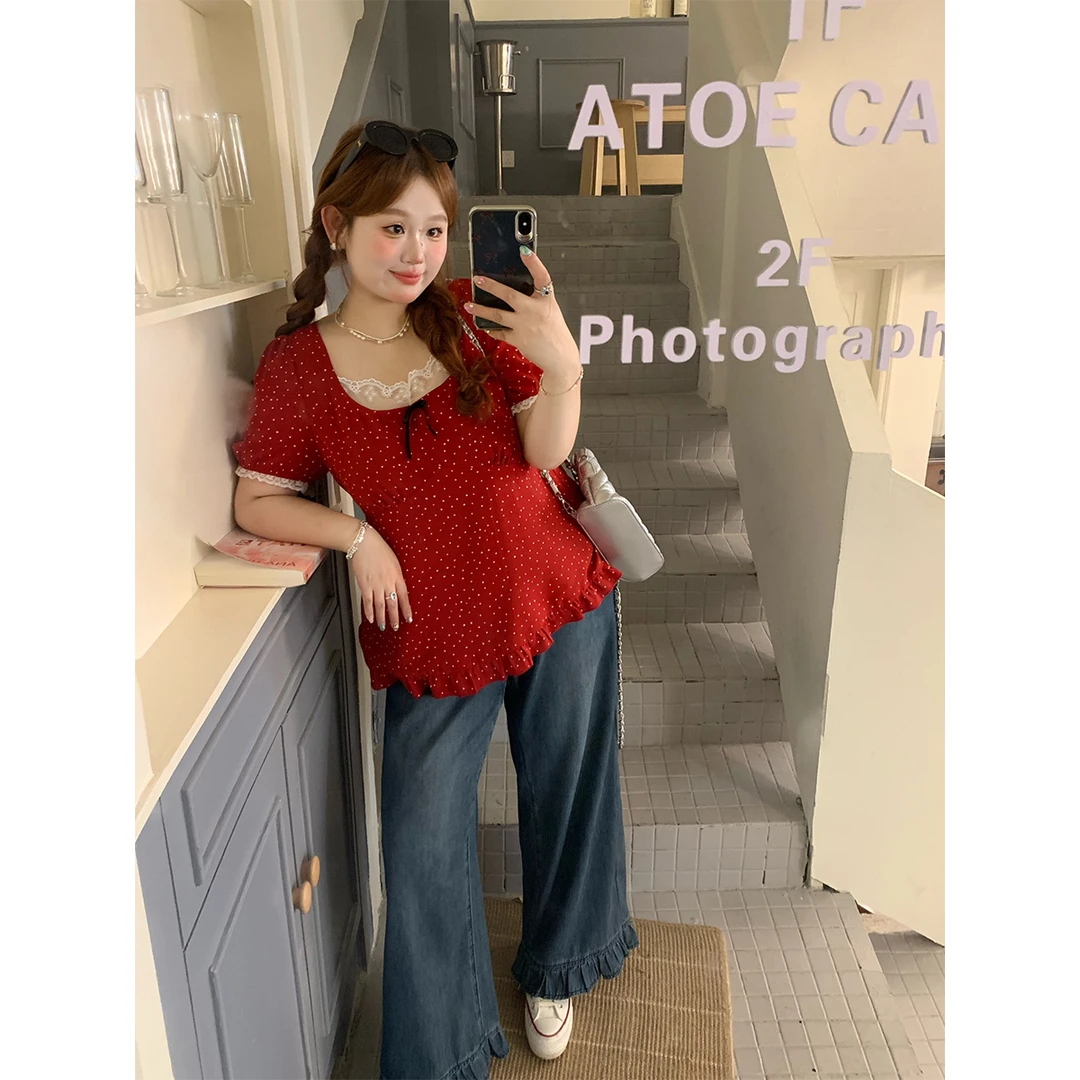 徐达布【威士忌酸】大码微胖mm衬衫女宽松显瘦蕾丝上衣C35404C52