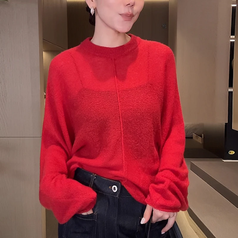 秋冬慵懒风红色套头毛衣女士软糯宽松减龄显瘦蝙蝠袖针织罩衫上衣
