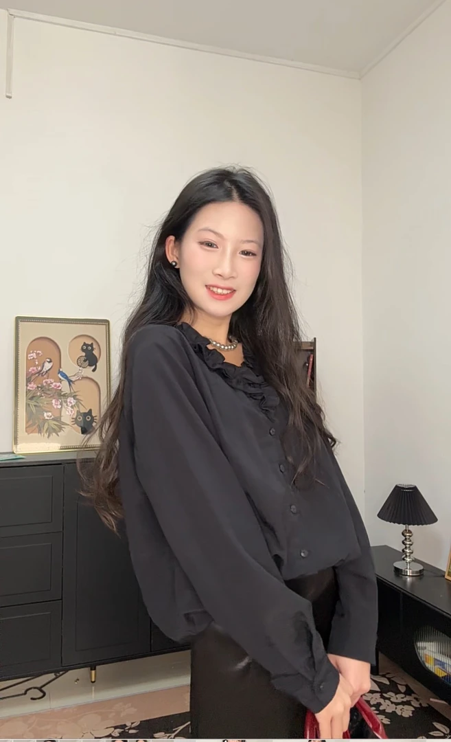 法式小清新花边V领长袖衬衫女2025春韩衬衣开衫女H1CH510193