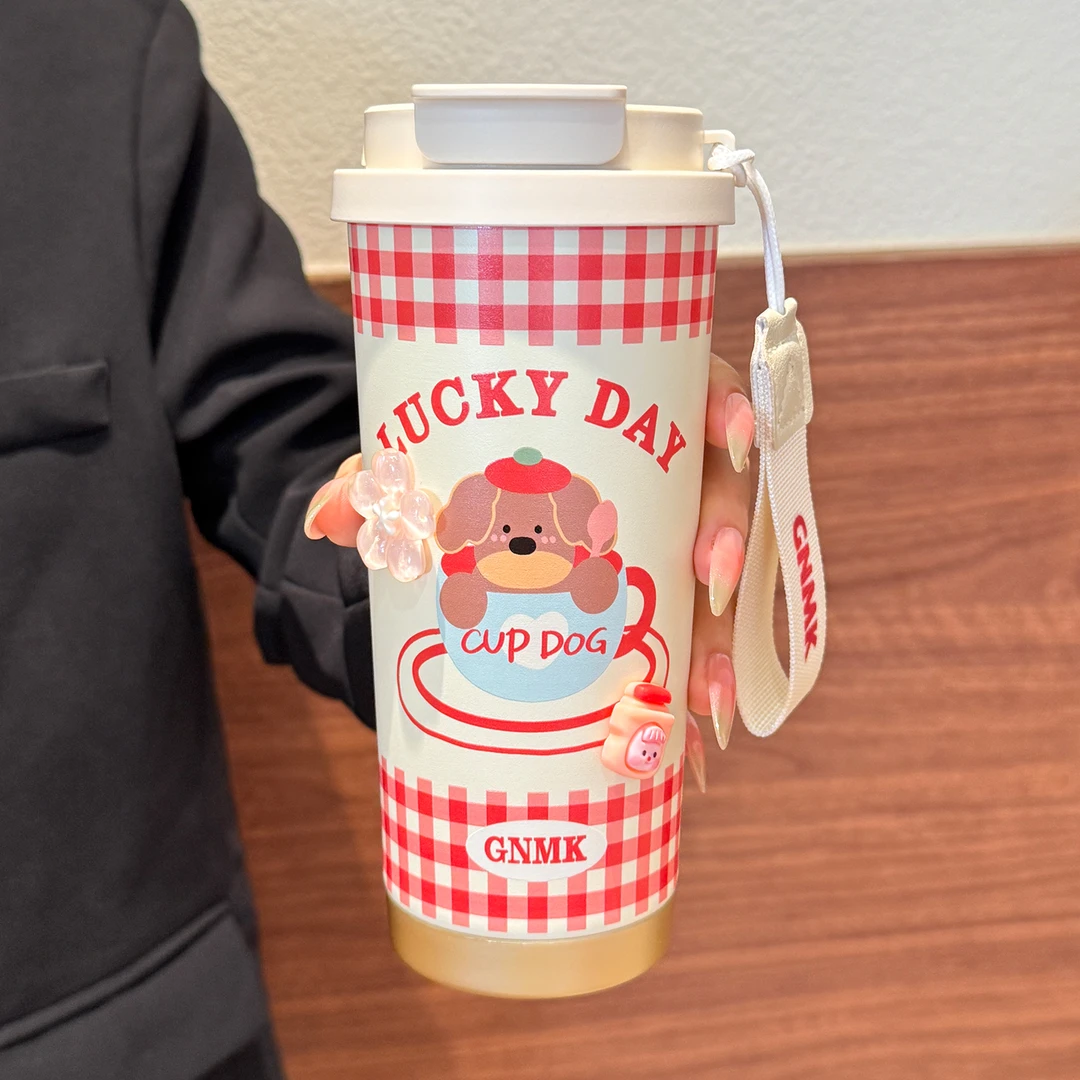 保温杯女生高颜值咖啡杯陶瓷内胆保冷杯2025新款双饮吸管杯带茶隔