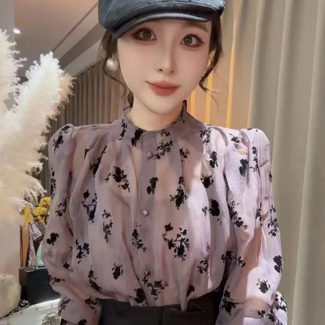 法式复古碎花提花衬衫2025秋季韩版气宽松显瘦百搭设计感上衣