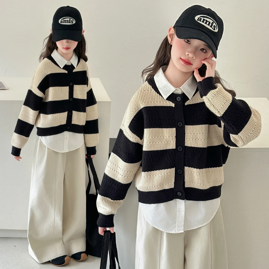 女童秋季开衫毛衣2025新款6-12岁女孩儿童春秋装时髦洋气针织衫潮