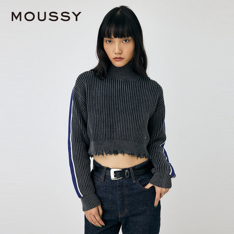 MOUSSY 2024冬季新品废土风磨破下摆金属标针织衫女010HAL70-5591