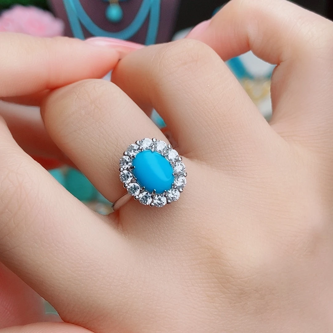 绿松石银S925镶嵌高瓷玉化蓝精美女戒