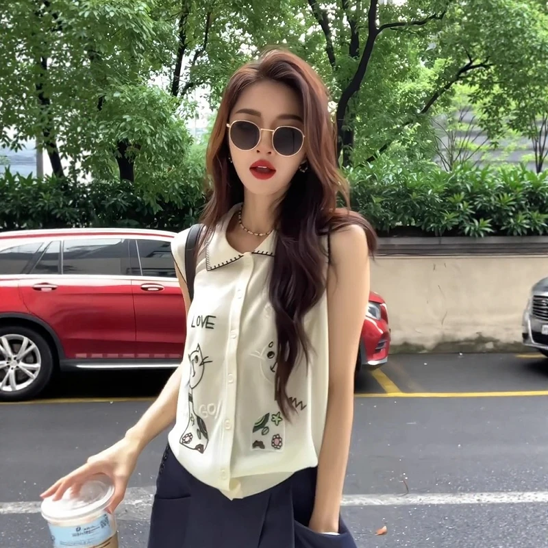 韩系白色卡通刺绣针织短袖T恤女夏季冰丝正肩小飞袖Polo衫上衣薄