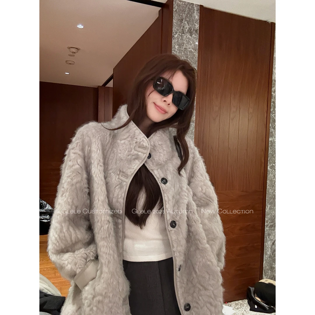 Glele私服「一眼万年」加绒加厚环保立领设计感毛毛外套