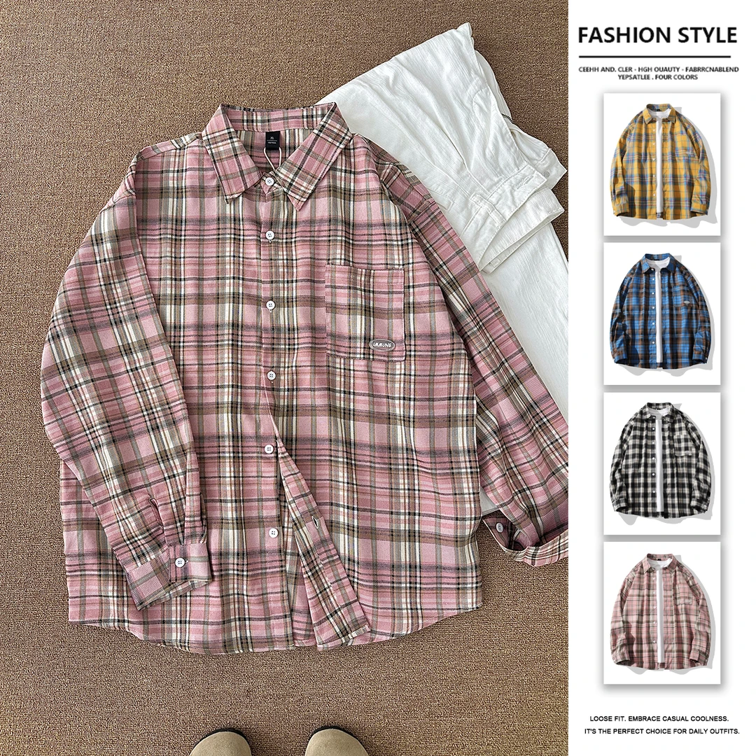 春夏宽松防晒粉色格子衬衫男女同款复古情侣款外套高级感休闲衬衣