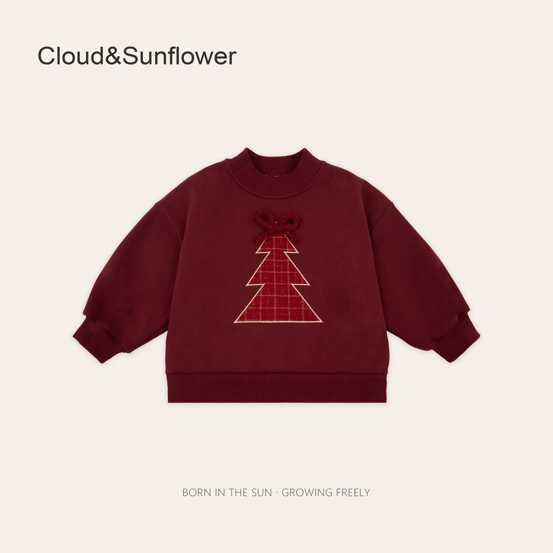 女童红色圣诞树蝴蝶结刺绣圆领冬季加厚卫衣660389