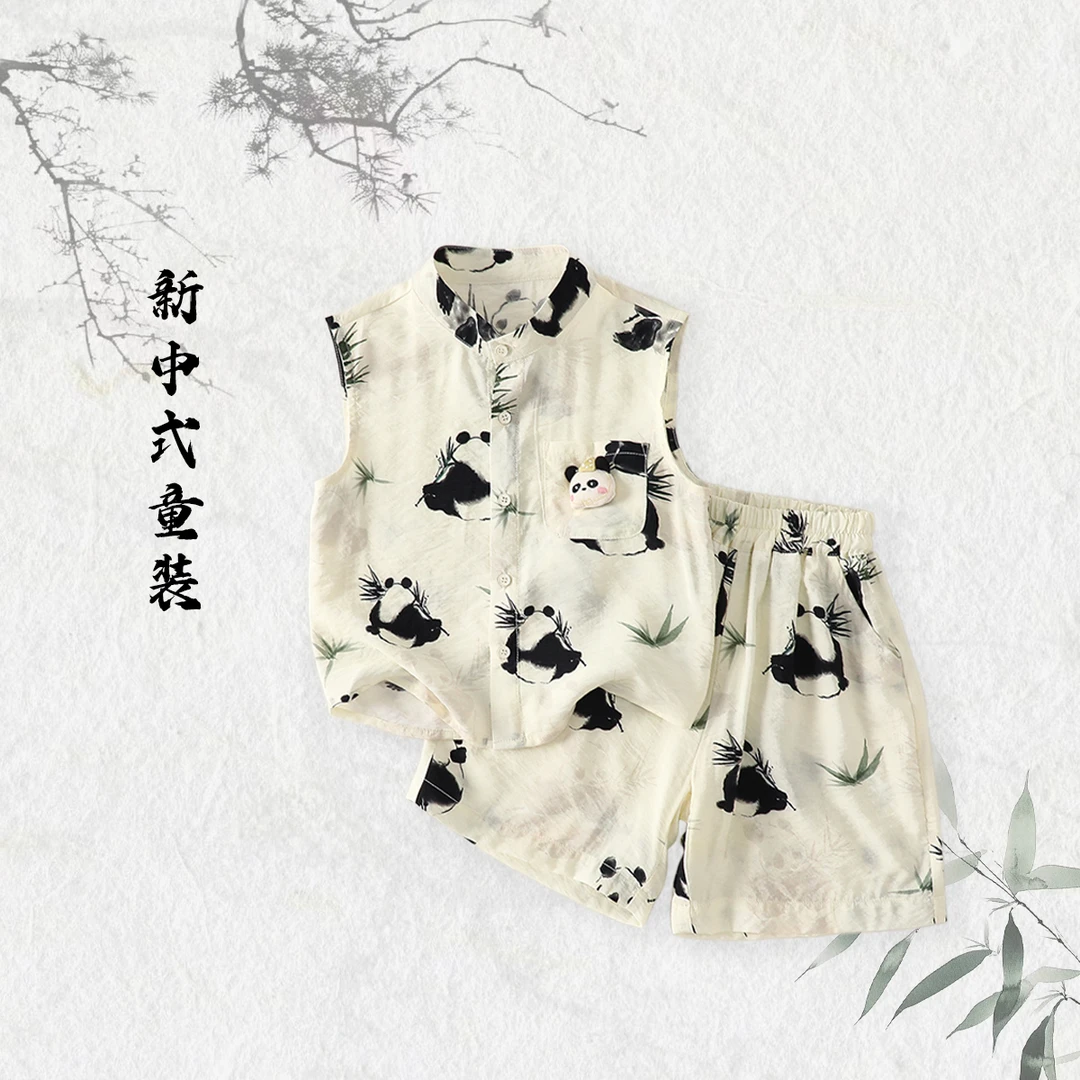 MOMOCO夏季男童薄款新中式国风熊猫套装古风两件套77230578119