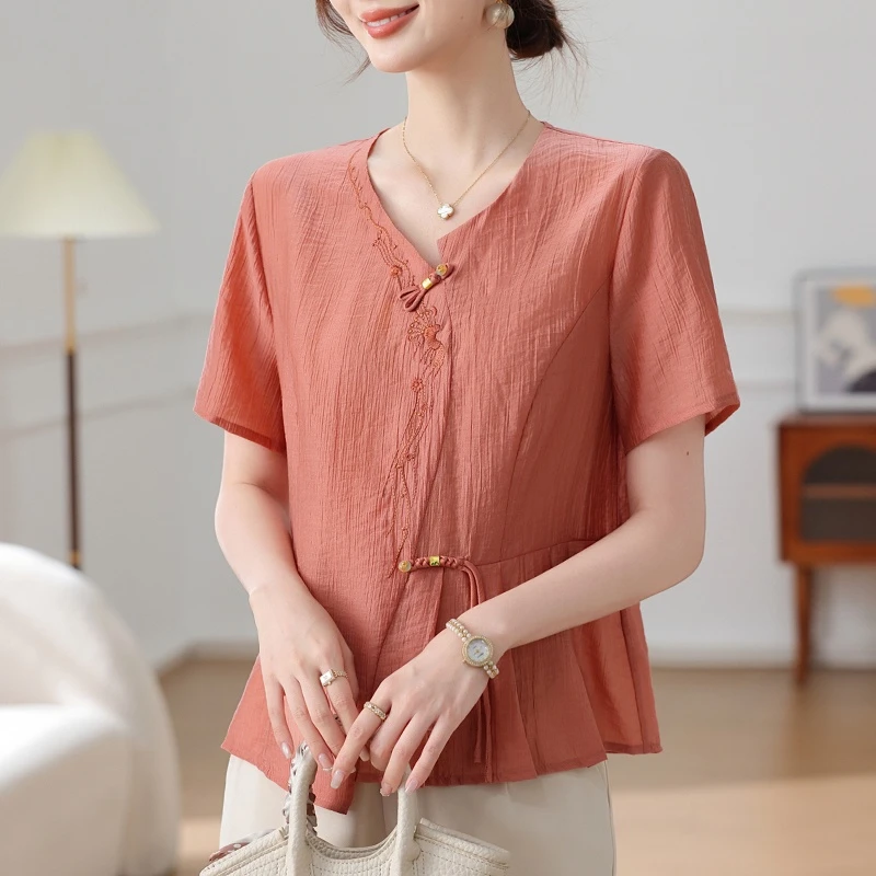 新中式妈妈夏装棉麻套装女2025新款中老年夏季短袖小衫品牌上衣服