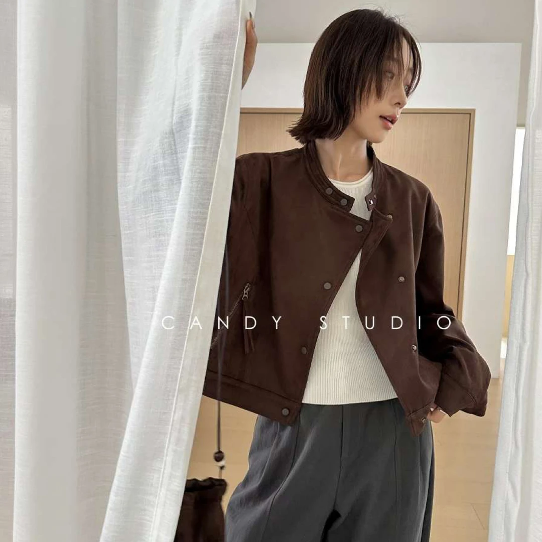 2025秋季新款韩系简约百搭休闲舒适麂皮衣外套女短款皮夹克气质