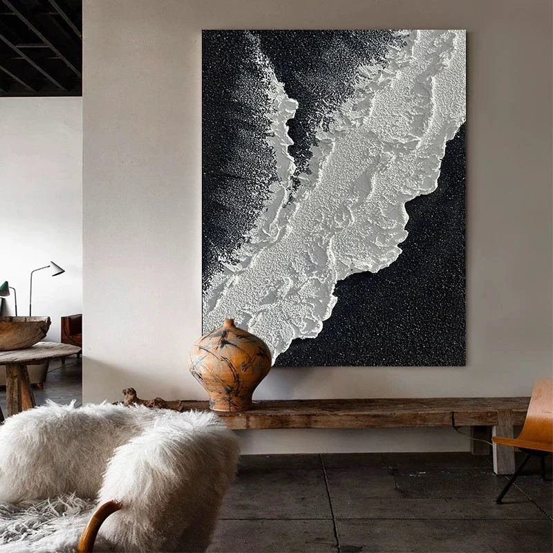 手工砂岩装饰画黑白海浪轻肌理客厅沙发玄关抽象艺术壁画卧室挂画