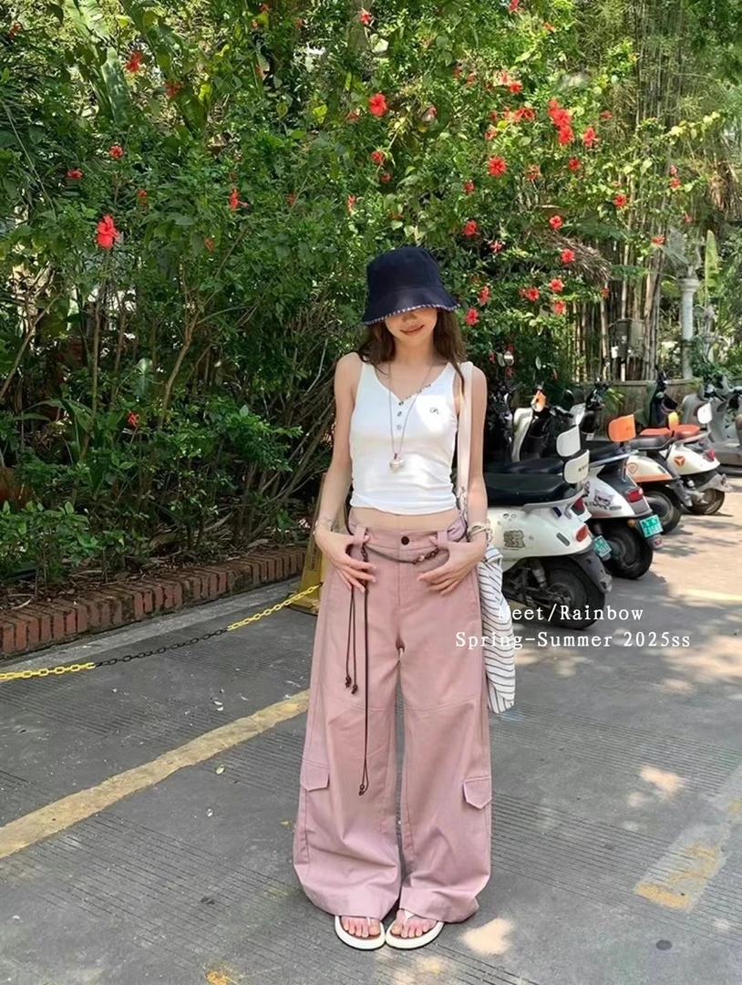 装饰腰绳休闲裤2025夏季新款薄款小众设计直筒阔腿长裤女