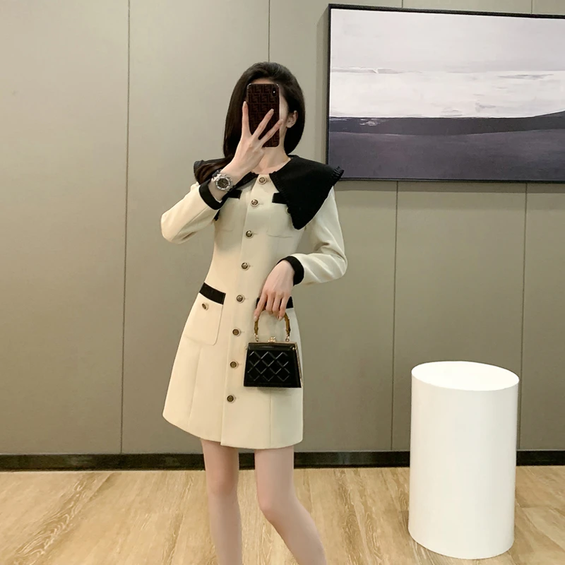 新款斜肩显气质法式长袖春季连衣裙中长款小香风拼接裙子收腰名媛