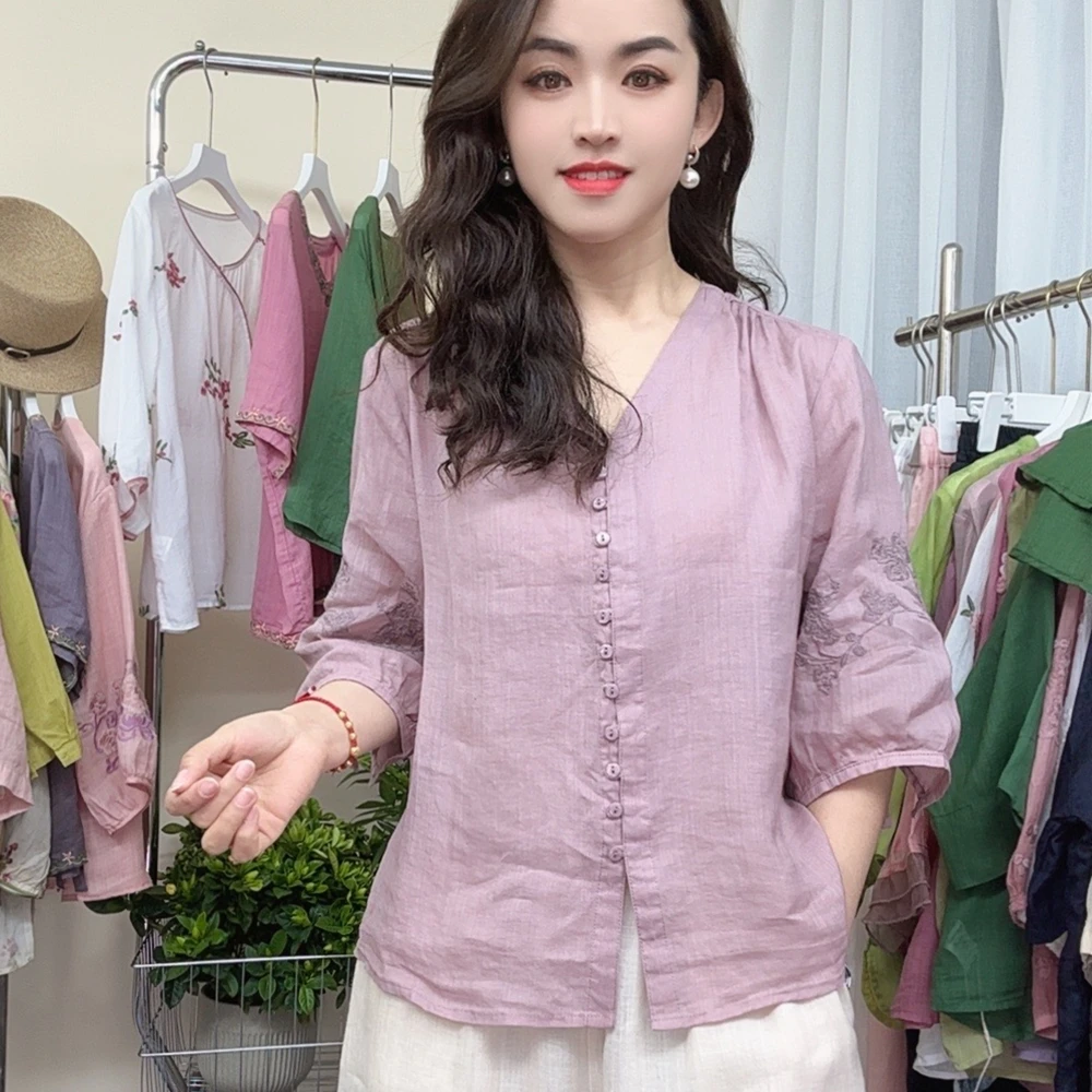 8936复古苎麻衬衫女夏季新款宽松薄款麻料显瘦设计感V领小衫上衣