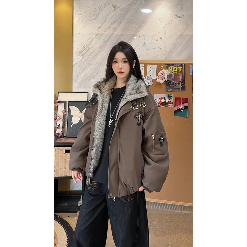 美式复古十字架座山雕毛领棉服男冬季棉衣外套设计感加厚保暖棉袄