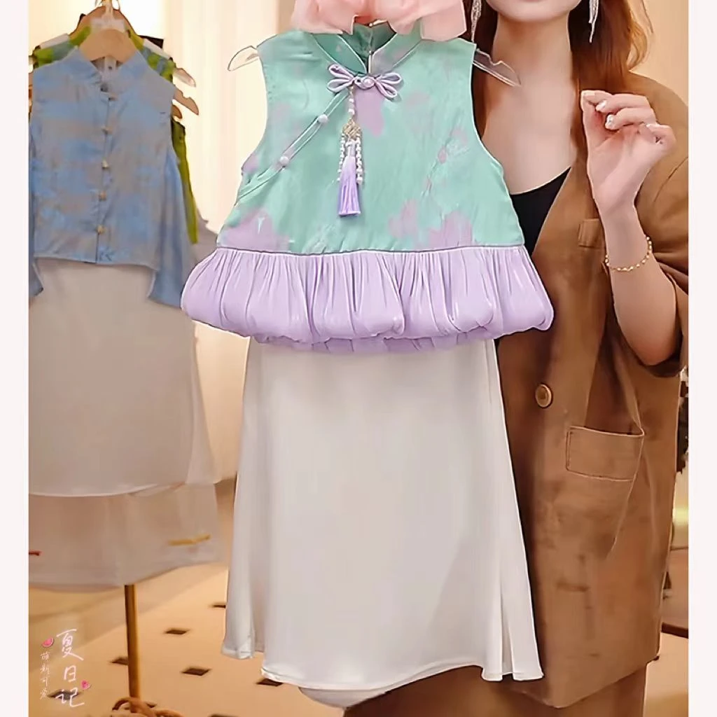 栀了成长童装新中式斜襟立领无袖夏季半身裙花苞马甲国风缎面女童