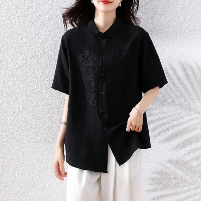2025夏季新款大码女装刺绣衬衫时尚休闲百搭宽松遮肉显瘦黑色上衣