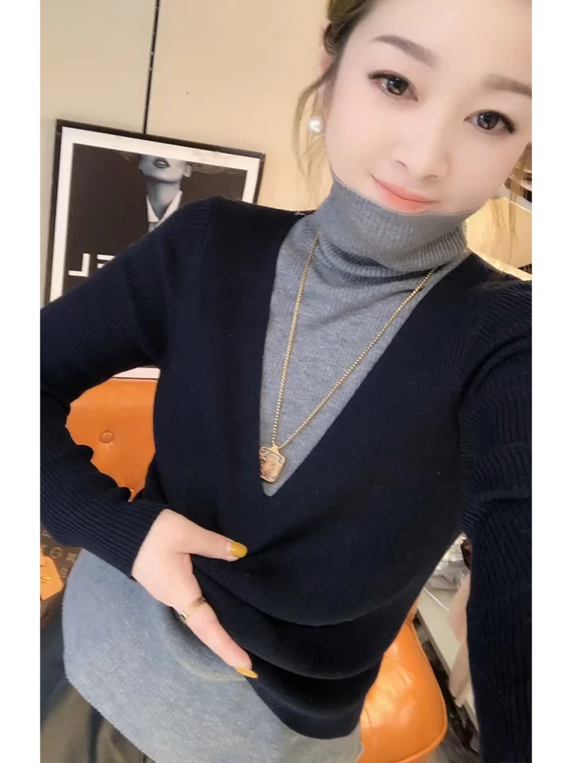 高领毛针织衫女秋冬季2025年新款高级感假两件撞色内搭打底衫上衣