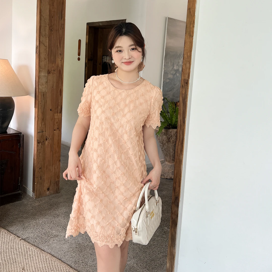 【夏季新品】大码百分百显瘦时尚百搭网纱立体花朵连衣裙0774YF