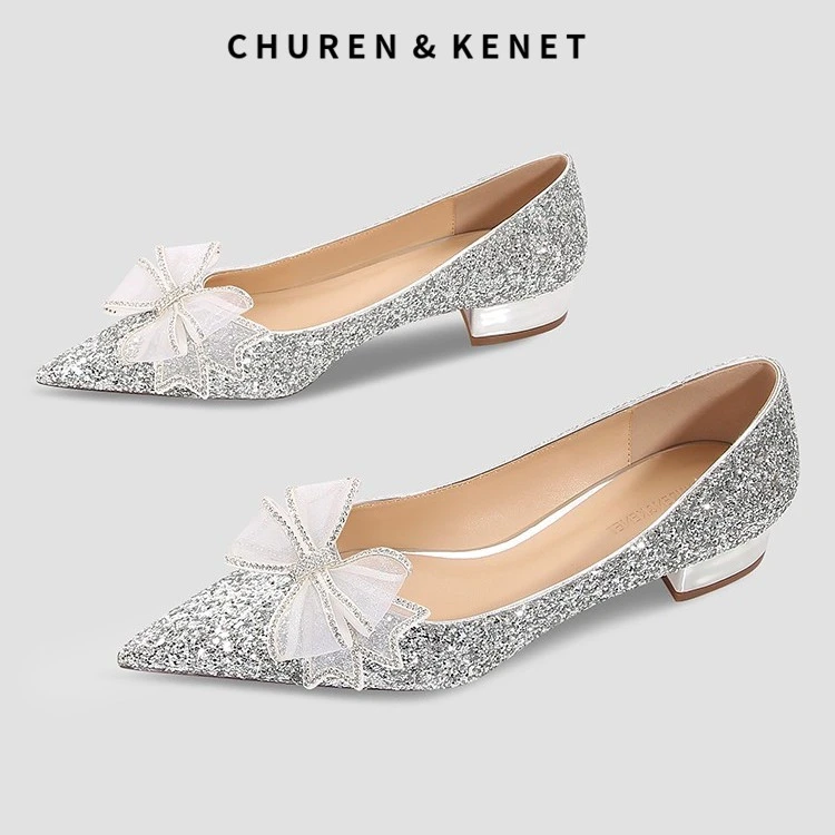 CHUREN&KENET小CK新娘婚鞋秀禾蝴蝶结中高跟鞋女粗跟伴娘水晶单鞋