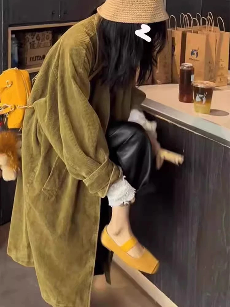 2024秋冬季新款韩系高级小众设计感韩版炒色复古灯芯绒风衣外套女