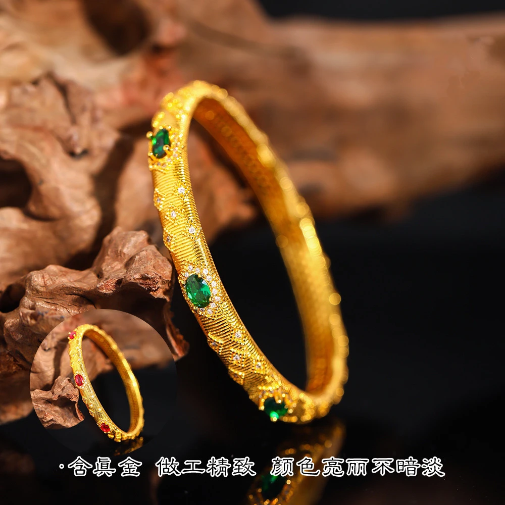 铜合金手镯 时尚中式布契拉提拉丝镯子古风绿宝卡扣手镯宫廷饰品