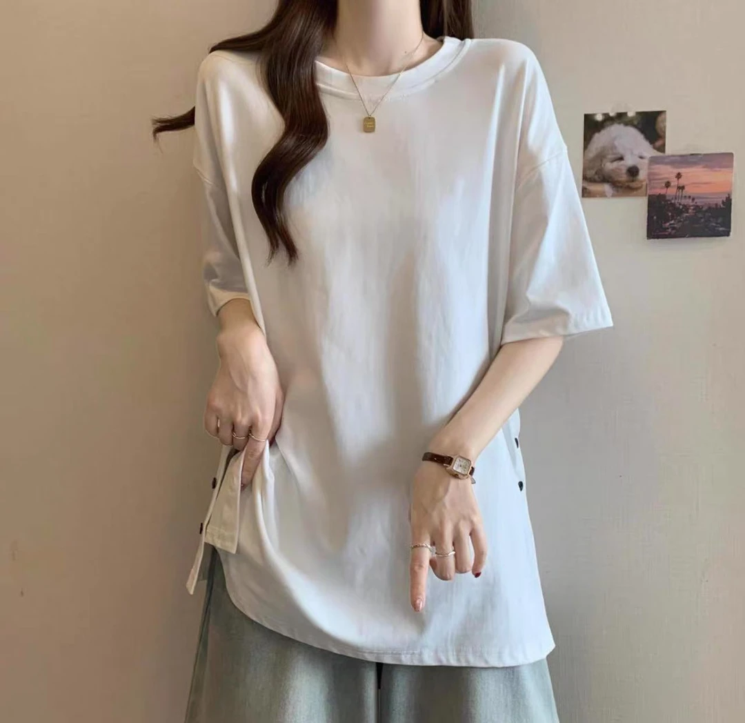 0677 TT06T恤100%棉麻短袖宽松夏装排扣设计夏季清凉冰感半袖圆领
