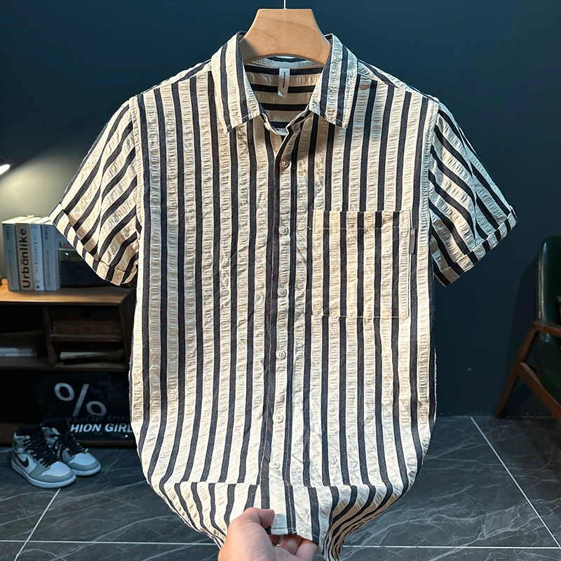 条纹短袖衬衫男夏季薄款舒适透气衬衣潮流百搭帅气休闲宽松上衣潮