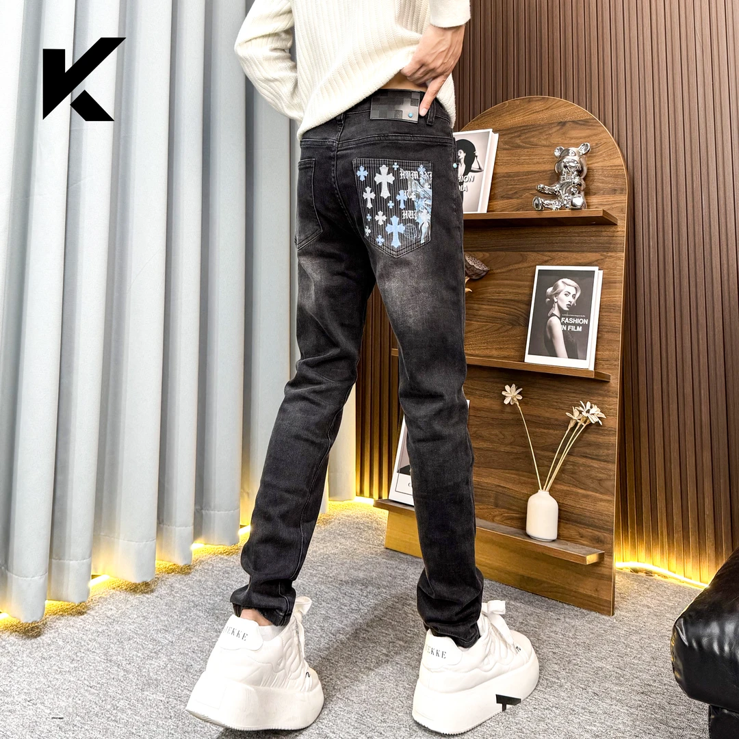 男装秋季款爆款2025新款黑色印花牛仔裤男款高级感痞帅潮男裤子