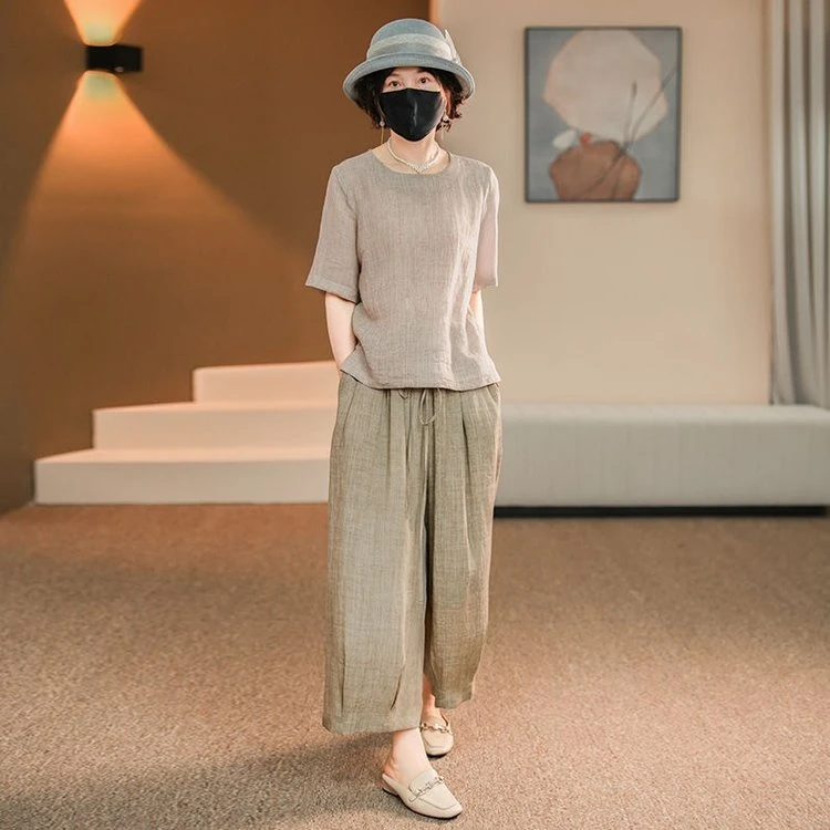 2025夏季妈妈新款洋气亚麻休闲时尚上衣两件套显瘦宽松阔腿裤套装
