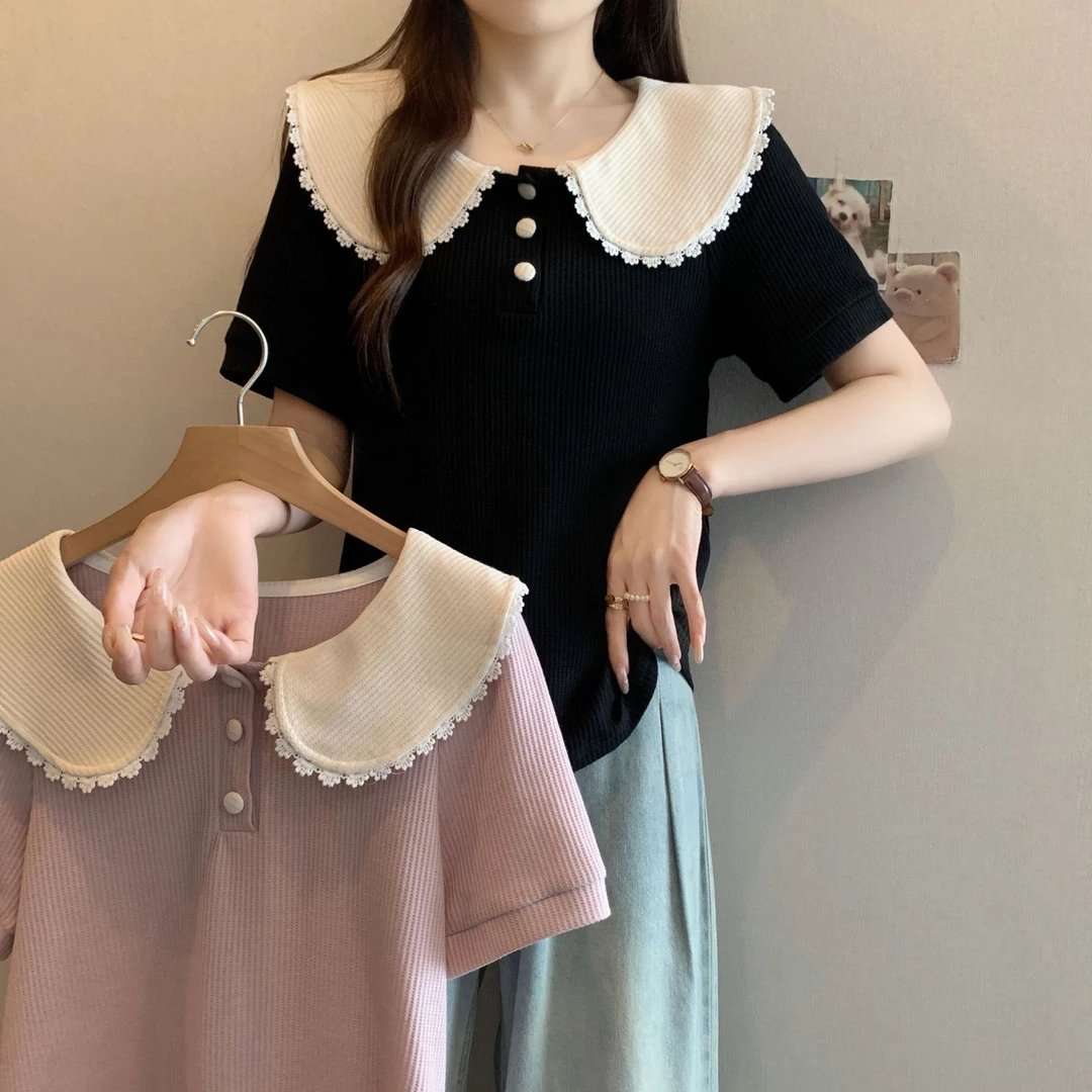 清2025夏季新款大码女娃娃领蕾丝花边短袖上衣法式气质T恤63972