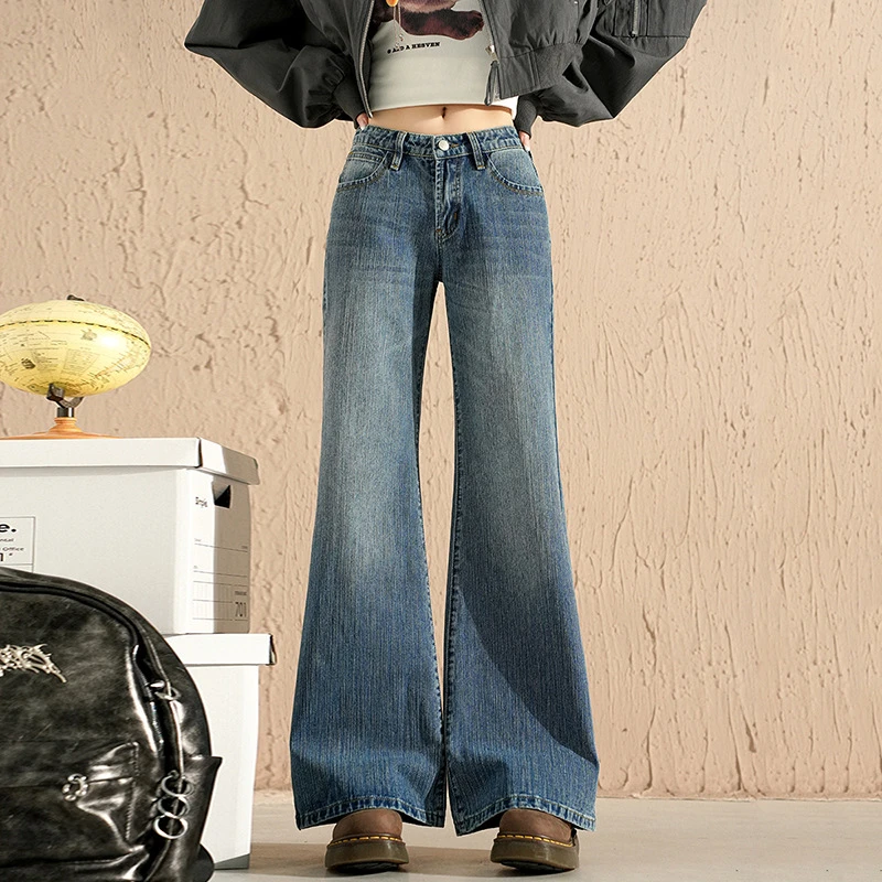 美式竹节纹高腰收腹牛仔裤女2025秋冬季新款无弹不贴腿宽松喇叭裤